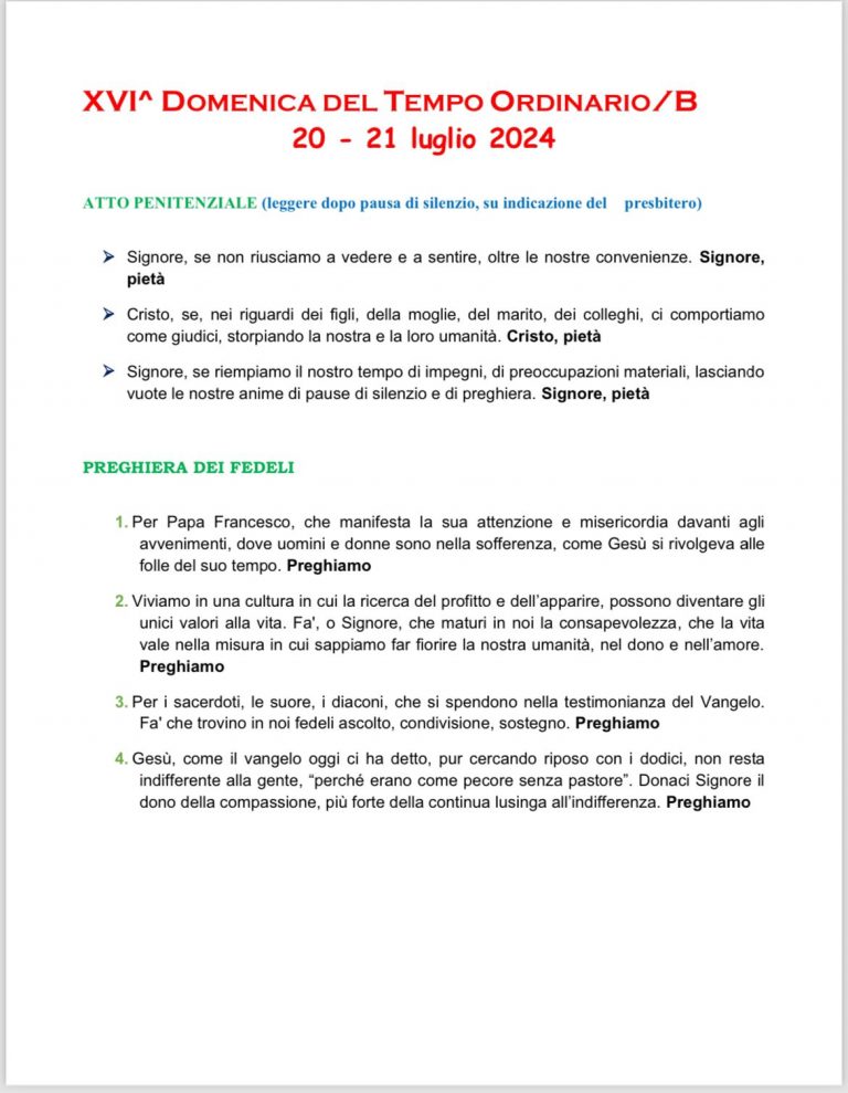 XVI Domenica Del Tempo Ordinario – 21 Luglio 2024 – Preghiere – UP Sandrigo